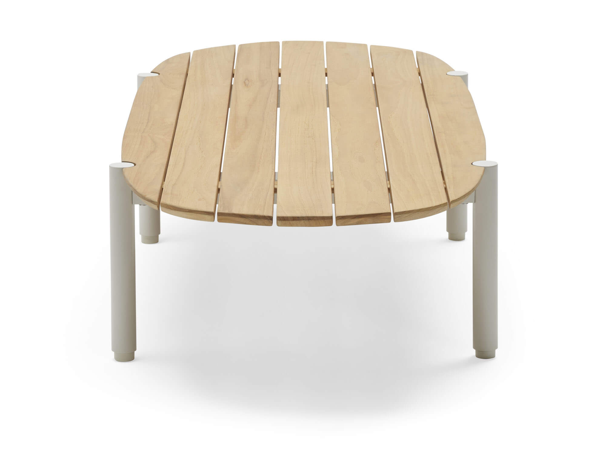 Side view of oval wood outdoor coffee table with white legs